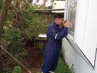 An unfaithful wife invites the gardener inside after he watches her through the window.