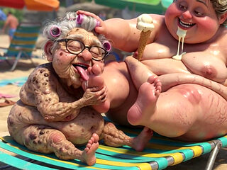 Elderly Granny Passionately Sucking BBW Feet on the Beach