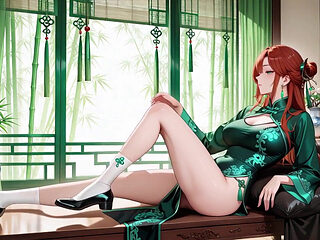 Red Hair & Emerald Qipao! Lazy Seduction in the Eastern Courtyard