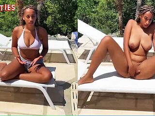 Ebony beauty spreads pussy and rubs clit solo after pool