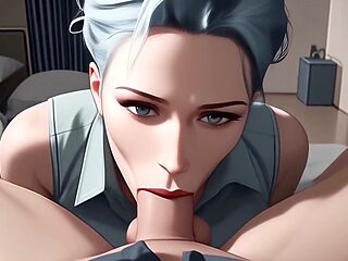 Blue-haired milf Atkins' Heaven gives a mind-blowing deep-throat blowjob in animated style