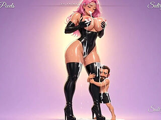 Pink-haired Anime Latex Giantess Squeezes Milk From Her Huge Tits as a Tiny Man Hugs Her Boot