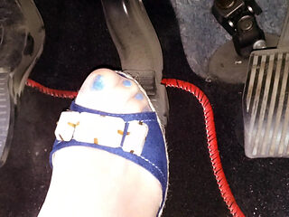 Driving and Revvig in Blue Wedges on My Hosed Feet
