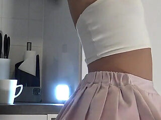Short Pink Mini Skirt and Panties with Over Knee Socks Is Only the Start She Takes off Underwear to Flash Her Shaved Pussy