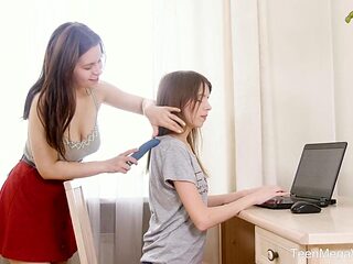 Olga Petrova and Ole Nina Lesbian Brunette Dildo on Laptop