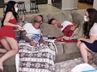 Brunettes unite for a wild four-way with Johnny at the helm