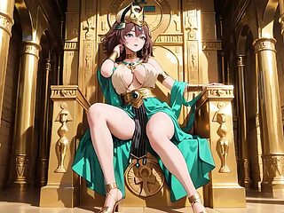 Languid on the golden throne, she runs fingers over her full chest with a hazy, arro