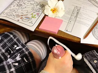 High School GF jerks his cock under the table in class