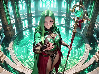 Under the Ethereal Blue Glow of a Gothic Cathedral, She Kneels with Her Staff, Eyes Locked on You.