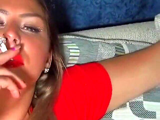 Smoking British chav with red lipstick