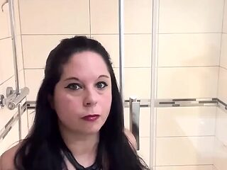 Mature femdom mistress teases with big tits in shower JOI
