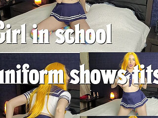 Girl in college uniform shows tits