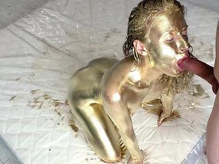 Beautiful Golden Body Art and Gentle Sex with a Golden-skinned Beauty