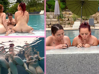 French Lesbian Threesome Pool Fingering with Big Natural Tits and Huge Dildo