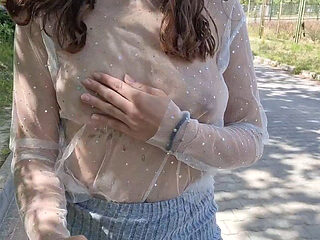 I Walk Around the City in a Transparent T-shirt and Flash My Breasts Outdoor