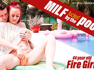 The Poolboy Get's Seduced By Milf Fire Girl To Fuck Her Right Next To The Pool Under The Sun