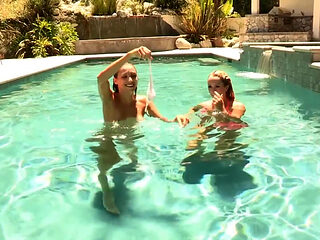 Hot lez friends kissing in the pool, fingering on the couch
