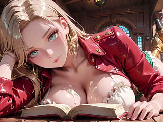 Blonde Pirate Queen! Red & Green Uniform so Sexy Languid Poses in a Retro Ship Cabin, Sunlight Hitting Her Glistening Skin