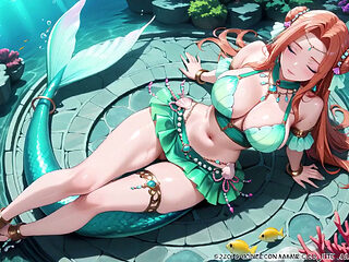 Red-haired Mermaid Princess's Private Tour in the Underwater Palace, Green Bikini hugging her curves, Heeled Boots on soft sand,
