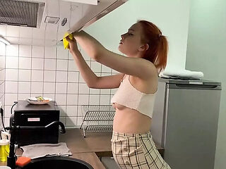 Sexy Redhead Teen Sheril Cleans Her Flat With No Panties & Skirt Up