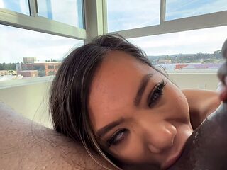 Tan stud gives a POV blowjob to his big cock