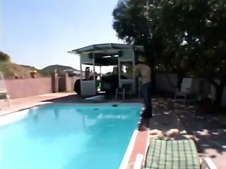 MILF gives a deepthroat blowjob to the poolboy while her hubby is gone