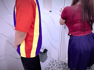 Blue store cashier trapped crazy chick in public toilet