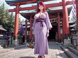 Red-haired Kimono Goddess! Kneeling Under the Sacred Torii Gate, She Adjusts Her Soaked Backless Outfit with a Shy Gaze.