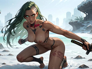 Green Hair Cybernetic Babe Sips Coffee on the Beach