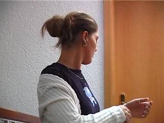 Small titted brunette chick fingers her shaved pussy
