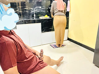 Big Ass Hijab Maid Catches Boss Masturbating in the Kitchen