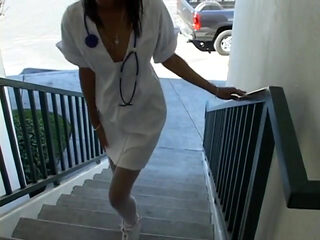 Hot black nurse gets her pussy slammed on the table