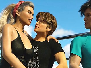 Steamy animated threesome adventure featuring Misskitty2k in a business suit and swimsuit