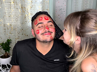 Red Lipstick Kisses Cover His Entire Face