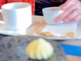 Naughty girl drops panties in public cafe