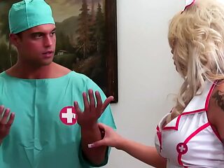 Hot nurse in laces up boots rides dude in scrubs on hospital bed