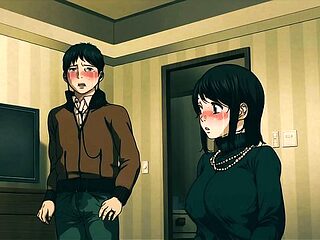 Black hair ponytail anime girl on green couch with lamp yellow blinds nervous guy