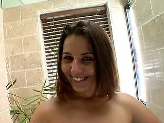 Lovely 19-year-old sweetheart gets her cute tits filled with gooey cum in the bath