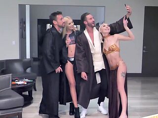 Blond babes suck and fuck in a wild four-way orgy