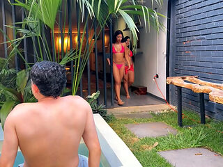 We Try to Be Alone in the Pool with My Friend but We End up Fucking My Roommate Nerd, Unexpected Threesome
