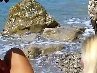 Blonde slutty MILF Mallory fucked in the ass by strangers on the beach
