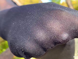 Black Pantyhose Feet Rubbing - Outdoor Nylon Soles Tease After the Climb - Part-1