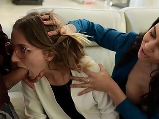 Step Daughter Macy Meadows Gives Blowjob to New Daddy in Taboo Threesome with Alexis Zara