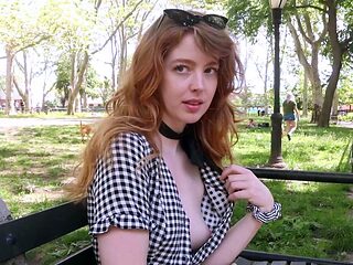 Amateur redhead Jacqueline with glasses masturbates