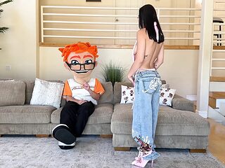 Black-haired Alexa Chains gives a wet blowjob after raising her skirt