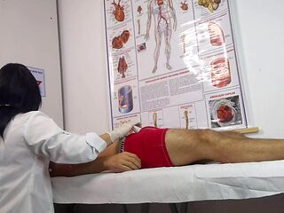 Hot nurse sucks and jacks off doctor's erect penis