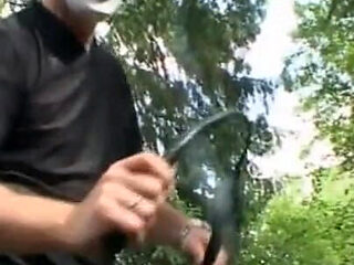Humiliating stretching whipping in forest
