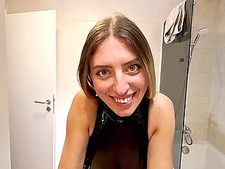 Sexy And Hot Horny Milf Wife In See Through Top Flashes Her Big Boobs In A Leather Mini Skirt In The Bathroom With See Top And Leon Lambert